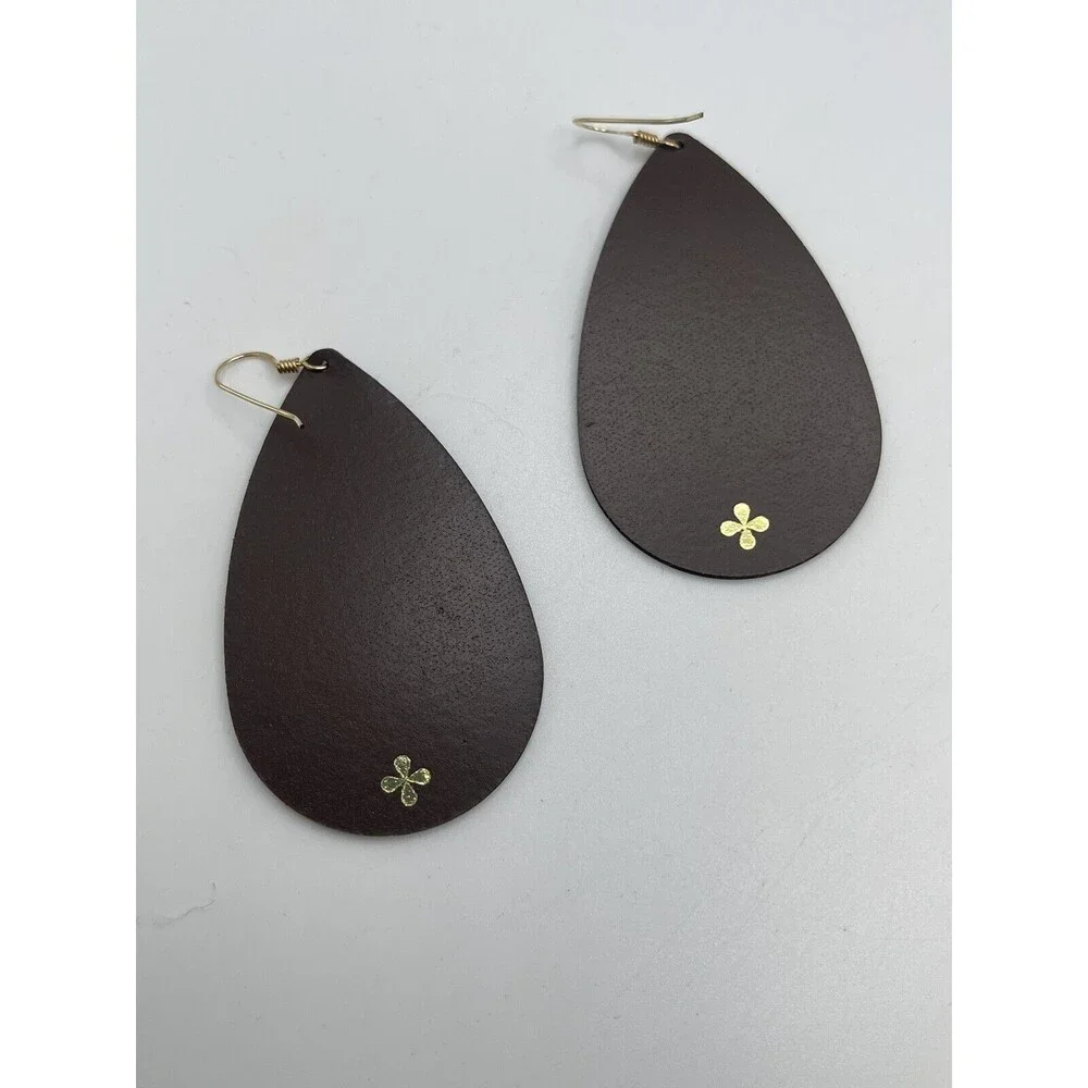 Nickel & Suede Textured Metallic Cocoa Brown Leather Teardrop Earrings New